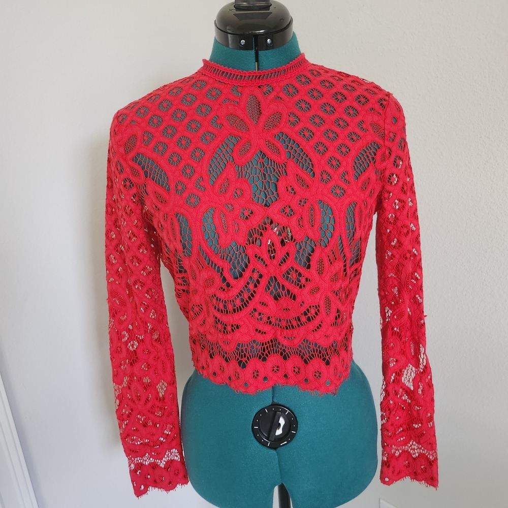 ELA Lace Crop Top Women Size Medium Red Long Sleeve Silver Zipper Fringed Hem